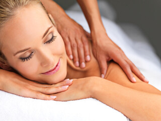 Obraz na płótnie Canvas Calm, hands and woman with back massage at spa for wellness, health and self care. Relax, zen and happy female person sleeping with masseuse for body skin treatment or therapy at beauty salon.