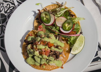 carne asada vampiro tostada and fish taco on a plate at a mexican restaurant (green avocado sauce, lime, white plate) garnished with radishes, jalapeno peppers, pico de gallo, tomatos onions cilantro
