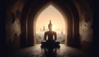 Silhouette of Meditating Buddha in Ancient Temple at Dawn - obrazy, fototapety, plakaty