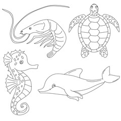 Outline Aquatic Animals Clipart Set. sea turtle, shrimp, seahorse, dolphin