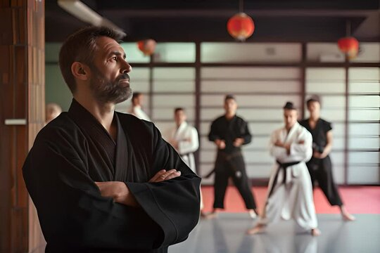 master with arms crossed watching students spar