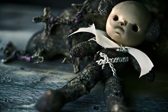 voodoo doll with a ribbon tied around its arm