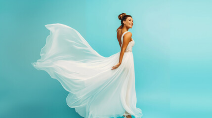 Fototapeta na wymiar Noiva feliz de vestido branco isolada no fundo azul
