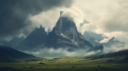 A stunning image of a futuristic landscape featuring towering mountains and ethereal clouds blending in perfect harmony. - obrazy, fototapety, plakaty