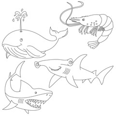 Outline Aquatic Animals Clipart Set. shark, whale, shrimp