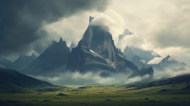 A stunning image of a futuristic landscape featuring towering mountains and ethereal clouds blending in perfect harmony.