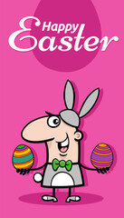 cartoon man in bunny costume with Easter eggs greeting card