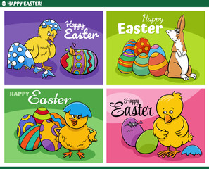 cartoon Easter greeting cards set with chicks and bunnies