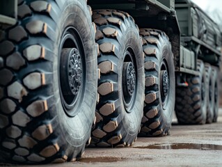 Close-up of heavy-duty military truck tires aligned, showcasing tread pattern and strength