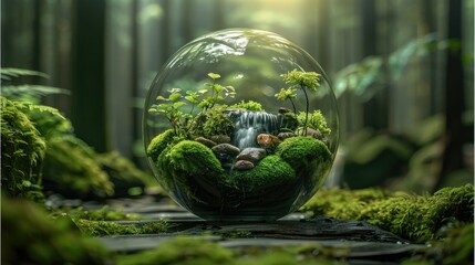 In the dense forest, there is an indoor terrarium that has moss and waterfalls inside it. The glass ball holds various small plants and rocks. Generative AI. - obrazy, fototapety, plakaty