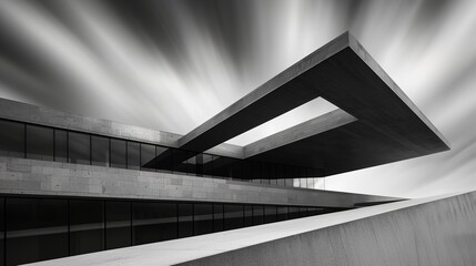 Stunning black and white photograph of an architecturally significant building with dramatic lines and contrasts