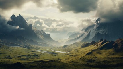 A stunning image of a futuristic landscape featuring towering mountains and ethereal clouds blending in perfect harmony. - obrazy, fototapety, plakaty