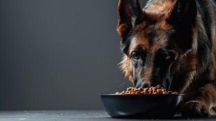 German Shepherd over a bowl of dog food, on a gray background.