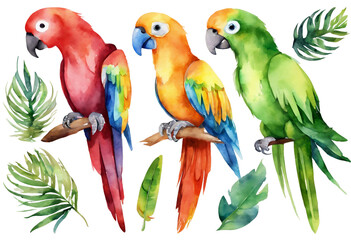 parrots on a branch, watercolor illustration