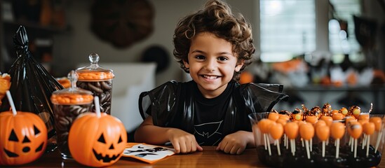 Fototapeta premium An image showing a close-up of a child sitting at a table filled with various halloween candies