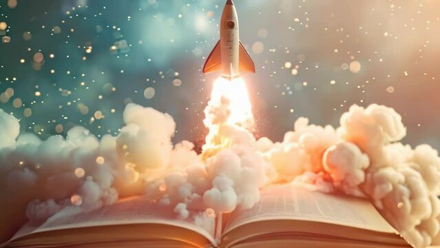 Animation of a rocket coming out of a book
