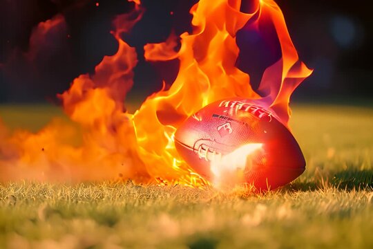 american football with flames trailing behind, midpass on a field