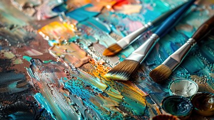 Fototapeta premium A vivid, textured display of an artist's brushes lying on a rainbow of colors on an abstract painting