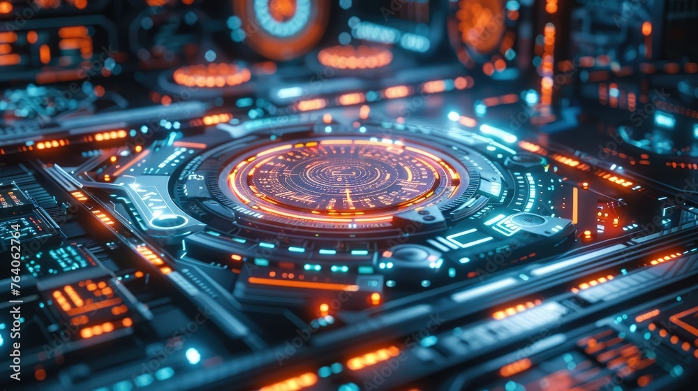 Poster Futuristic network hub device with interactive holographic display, neon indicators on a darkened technology workspace. Generative AI.