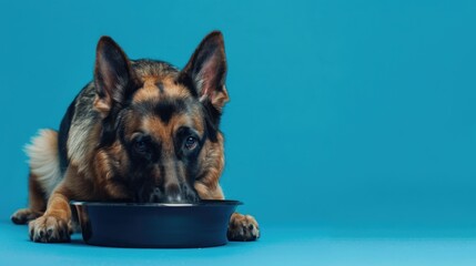 German Shepherd over a bowl of dog food, on a blue background. - obrazy, fototapety, plakaty