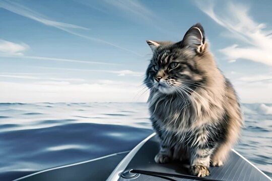 fluffy cat on a paddleboard, calm sea behind
