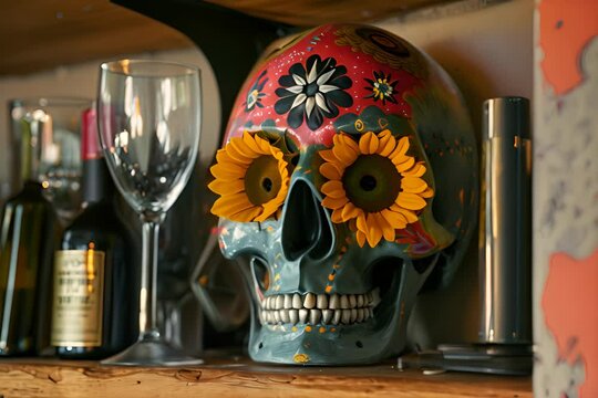colorful skull with sunflowers in its eye sockets on a shelf