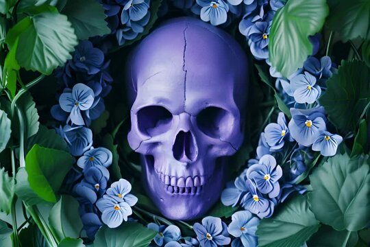 painted purple skull surrounded by a wreath of violets