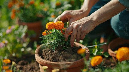 Hands delicately planting marigolds in a terra cotta pot.