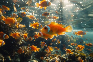 A school of bright orange clownfish flutters among underwater bubbles as sunlight floods the ocean depths, highlighting the marine life's vivid colors - obrazy, fototapety, plakaty
