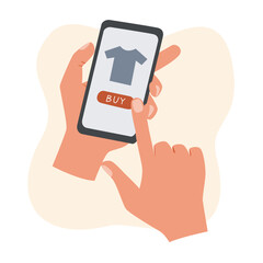 Buying clothes with mobile phone. Smartphone in hand. Online shopping vector illustration