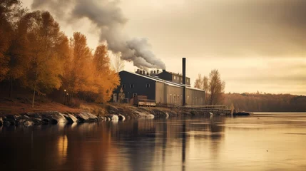 Fototapeten Industrial landscape with smoking chimneys on the bank of the river, Abandoned factory in the middle of the river © SULAIMAN