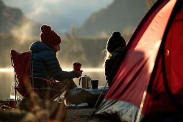 Couple sipping hot drinks by a campfire with a scenic lake and misty mountains during early hours - obrazy, fototapety, plakaty