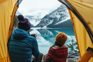 Wrapped in warm clothing, two individuals enjoy a hot beverage while taking in the beauty of a snowy mountain reflected in a clear lake