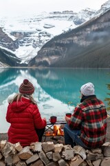 Fototapeta na wymiar Seated by a warm campfire, a couple in winter attire savors the quiet moment by a snowy mountain lake, a mug in hand