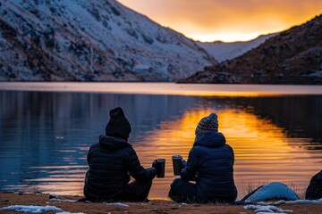 Silhouetted figures sit by a calm lake, sharing a moment of friendship against a stunning mountain sunset