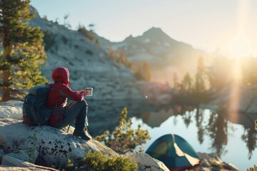 A lone traveler wearing a red jacket sits on a rocky terrain, gazing at the sunrise over majestic mountains with a lake below - obrazy, fototapety, plakaty