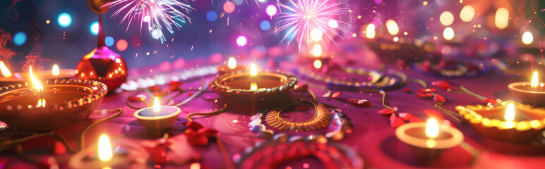 Obraz na płótnie Canvas Happy Diwali - Clay Diya lamps lit during Dipavali, Hindu festival of lights celebration.