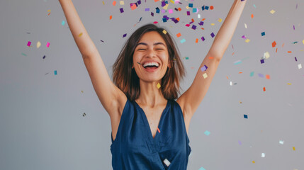 A jubilant woman raises her arms amidst a shower of confetti. - obrazy, fototapety, plakaty