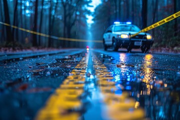 Vivid image capturing a police car behind crime scene tape on a rainy street, signaling urgency