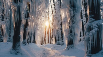 A serene, snow-covered forest with icicles hanging from the trees
