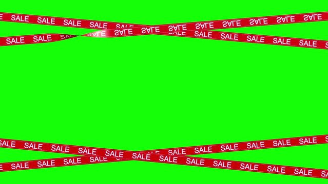 red sale banner poster in tape line animation with green screen background for promotion. 3d render.