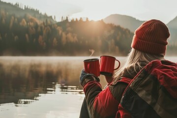 A woman in a red cap holds a steaming red mug, savoring the tranquil moment by a foggy lake as sunlight filters through