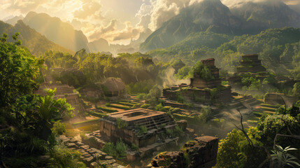 A panoramic view of mountainous terrain hosting ancient ruins bathed in soft sunlight penetrating the mist - obrazy, fototapety, plakaty