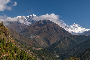 View of Cholatse, Tabuche, Nuptse, Everest, Lhotse mountains during trekking in Nepal in a clear day. EBC or Three passes trek in Nepal. Mountain range Himalayas in Khumbu, Nepal, Asia