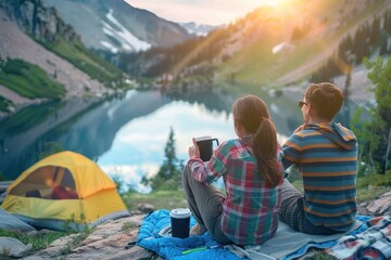 Back view of a couple sitting comfortably while reading and sipping drinks by a mountain lake at sunrise