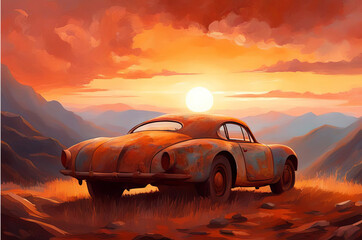 An old rusty car against the background of mountains and sunset. AI