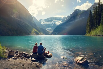A couple enjoys a serene moment together, sitting on a log by the edge of a stunning turquoise mountain lake
