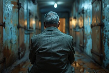 Obraz premium An elderly man's back as he walks down a dilapidated, textured corridor invoking feelings of solitude and contemplation
