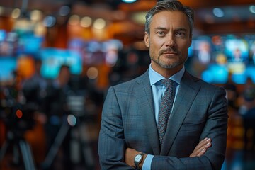 Fototapeta premium Suave mature man with a neutral expression in a news studio with blurred screens
