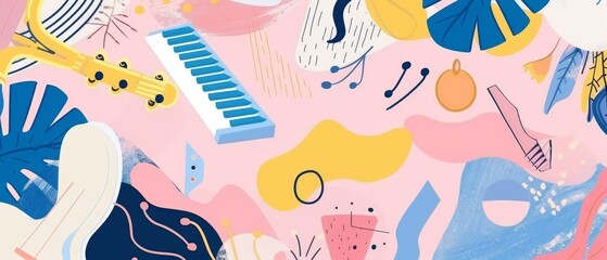 This is a collection of musical instrument icons. The music notes are composed of Piano, Guitar, Violin, Trumpet, Drum, Saxophone, and Harp. Hand drawn doodle modern elements.